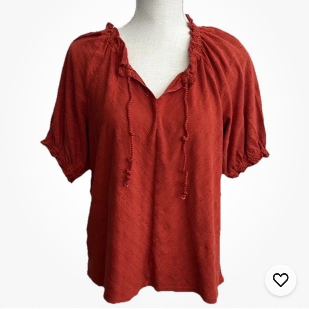 NWT Wonderly Women's PS Rusty Orange Short Sleeve Ruffle V Neck Top with Tassel